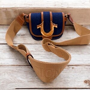 TRUE RELIGION MINI FLAP HORSESHOE LOGO CROSSBODY DENIM & GOLD HARDWARE GUC Y2K